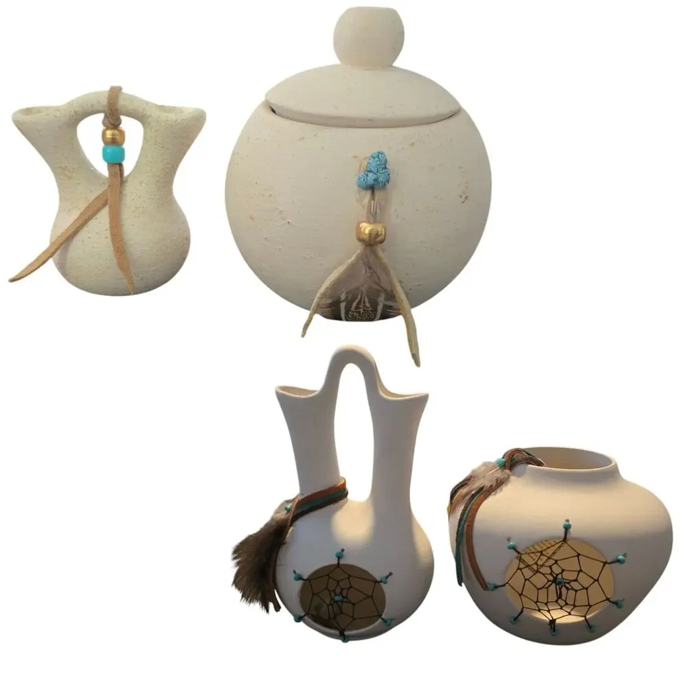 Southwestern Pottery Decor Set Dreamcatcher Feather Vases & Lidded Jar 4 Pieces